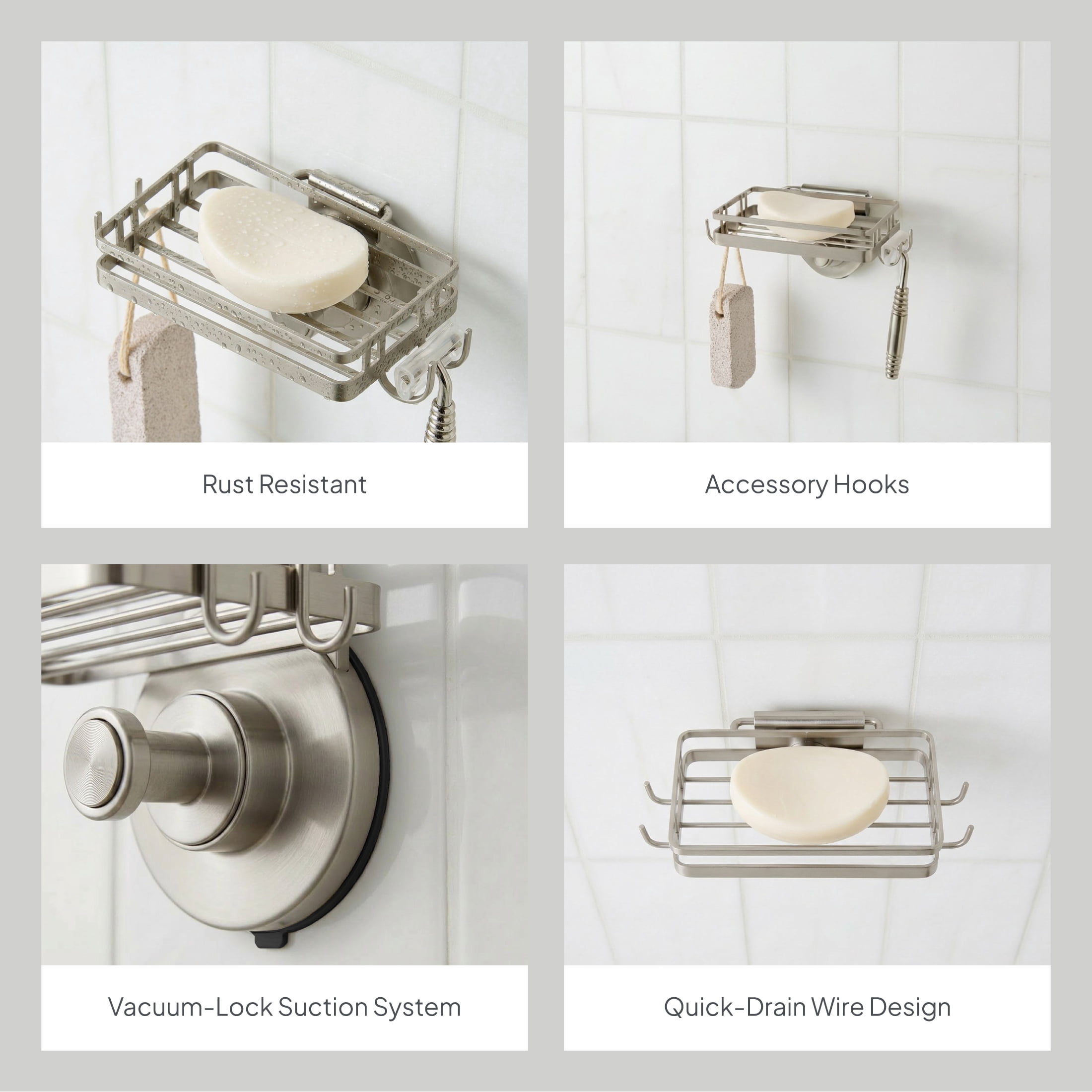 Better Homes & Gardens StyleGrip™ Suction Mount Soap Dish with Hooks, Satin Nickel