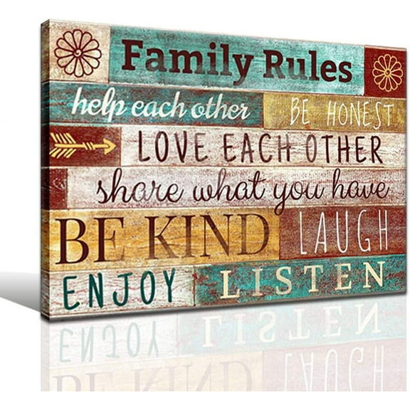 Family Rules Wall Art Canvas Prints for Living Room Inspirational Family Love Art Poster Multicolor Motivational Home Decor Picture Modern Rustic Wall Decor for Dining Room Framed Painting 12"x16"