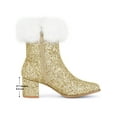thumbnail image 6 of BLISSFUL STEP Women's Ankle Boots Glitter Faux Fur Square Toe Zipper Chunky Heel Boots Gold 7, 6 of 8