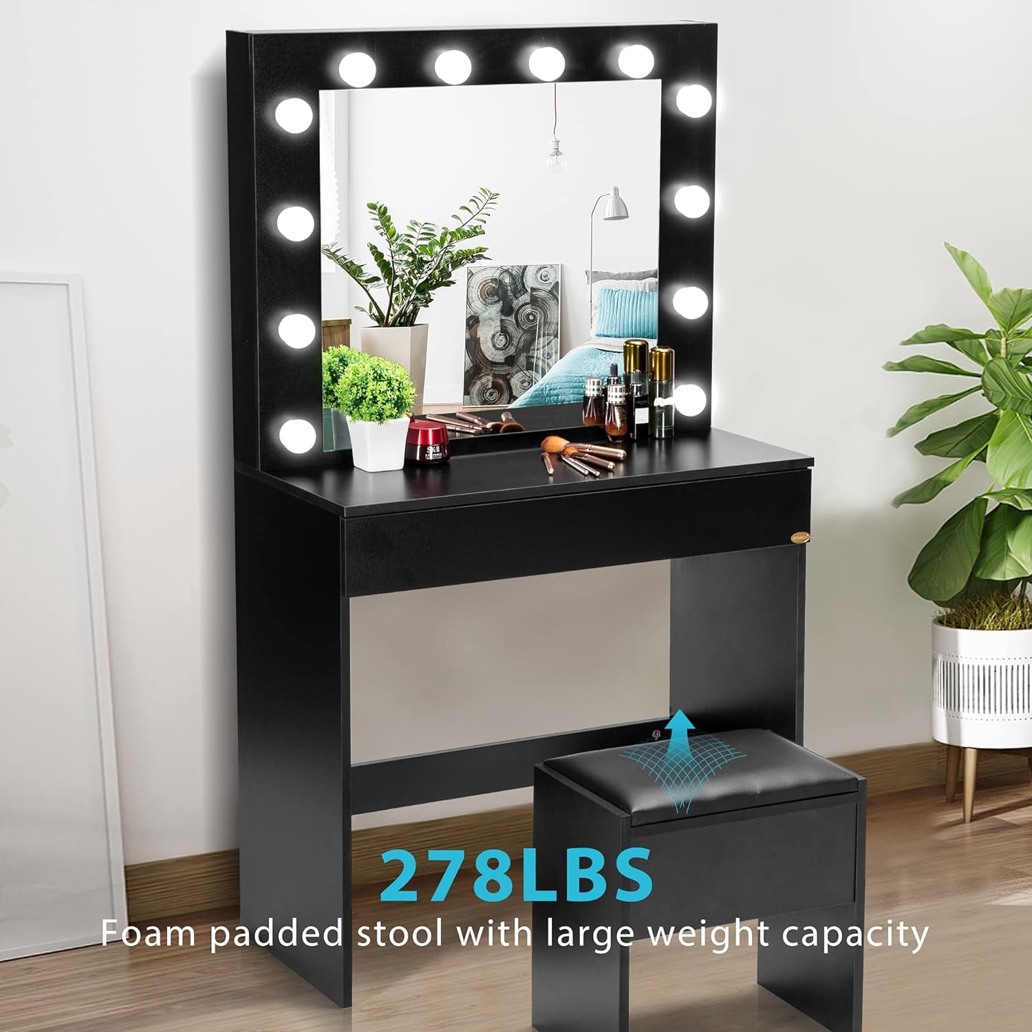 SPECSTAR Makeup Vanity Set with 12 Light Bulbs, Makeup Dressing Table with Lighted Mirror and Large Drawer, Black