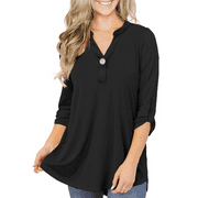 LIENRIDY Women's Plus Size Tunic Tops 3/4 Roll Sleeves Blouses Casual V Neck Henley Shirts M-4X