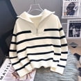 thumbnail image 2 of Casual Stripe Knitted Sweater Spring Autumn Fashion Vintage Half Zipper Pullover Women's Short Tops Loose Chic Sweaters (blue,XXL), 2 of 7
