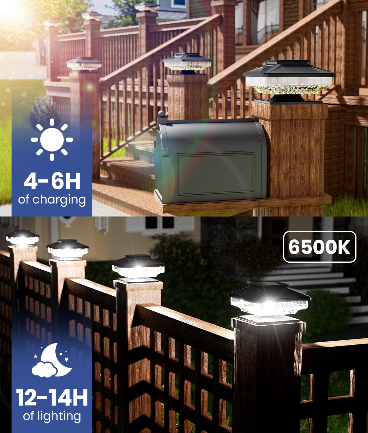 BITPOTT 6 Pack Solar Post Cap Deck Lights Modern Waterproof IP65 Cool White LED Rust Resistant Black for 4x4 5x5 6x6 Posts
