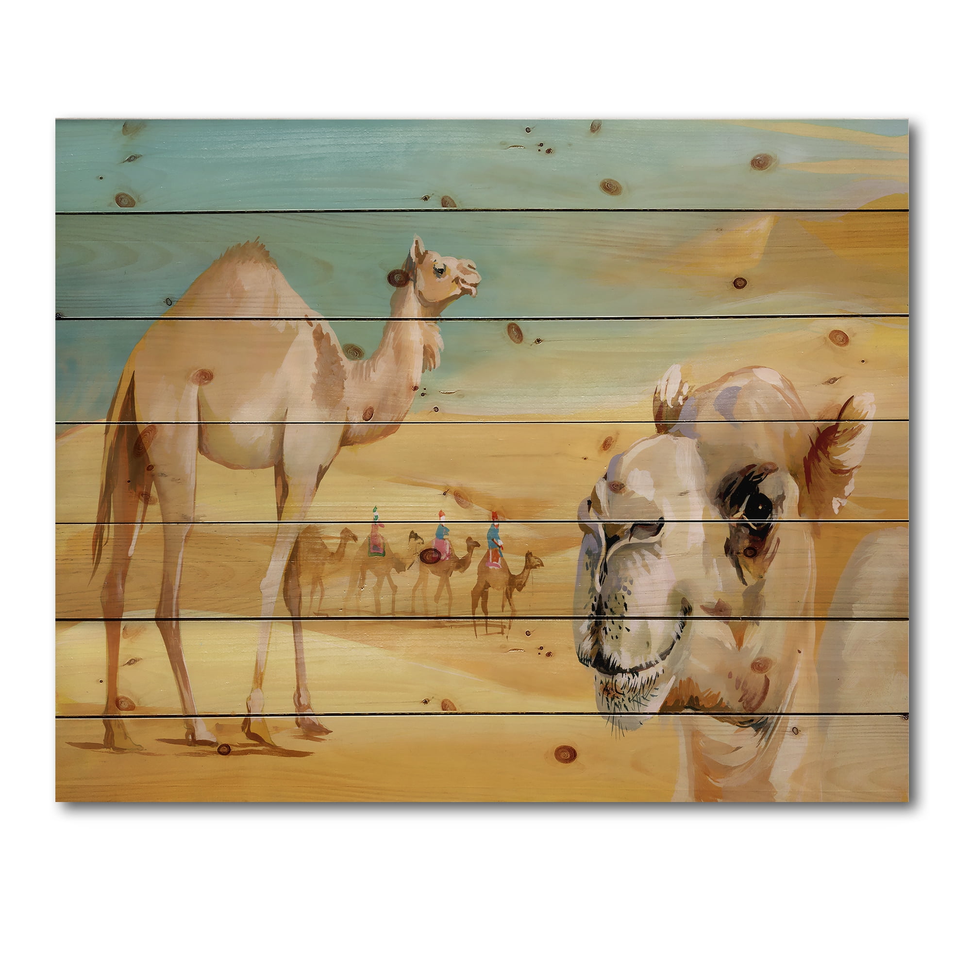 Designart 'Camels In Wild Desert II' Farmhouse Print on Natural Pine Wood