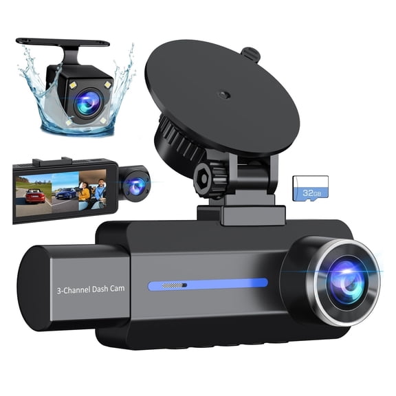 Dash Cam Front and Rear, 2.5K 1440P Triple Car Camera with 32GB Card, 3 Channel Dash Camera for Cars, G-Sensor, 3.16" IPS Screen, 24Hr Parking, 170°Wide Angle, Loop Recording, IR Night Vision, Blue