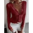 thumbnail image 6 of Womens Cardigan Sweaters Lace Ruffle Trim V Neck Long Sleeve Button Front Ribbed Knit Cute Fitted Crop Tops Wine Red S, 6 of 9