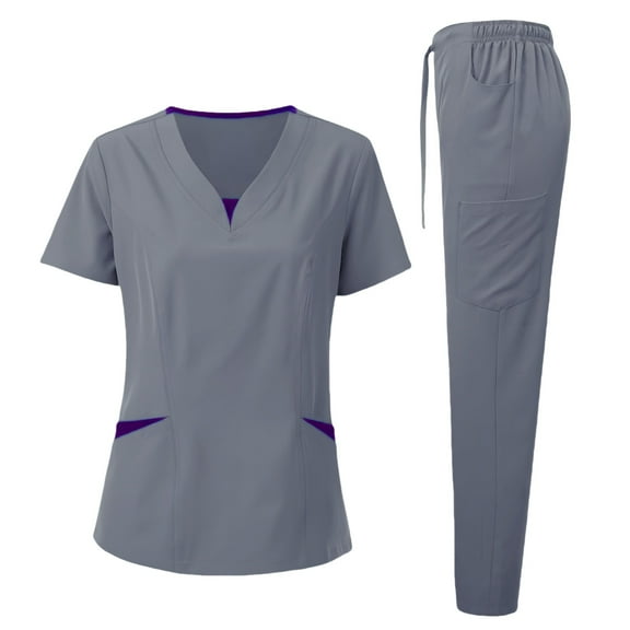 LYMAYTER Women Medical Uniform Set V-Neck Breathable Uniform Contrast Hospital Duty Nurse Uniform S-2XL