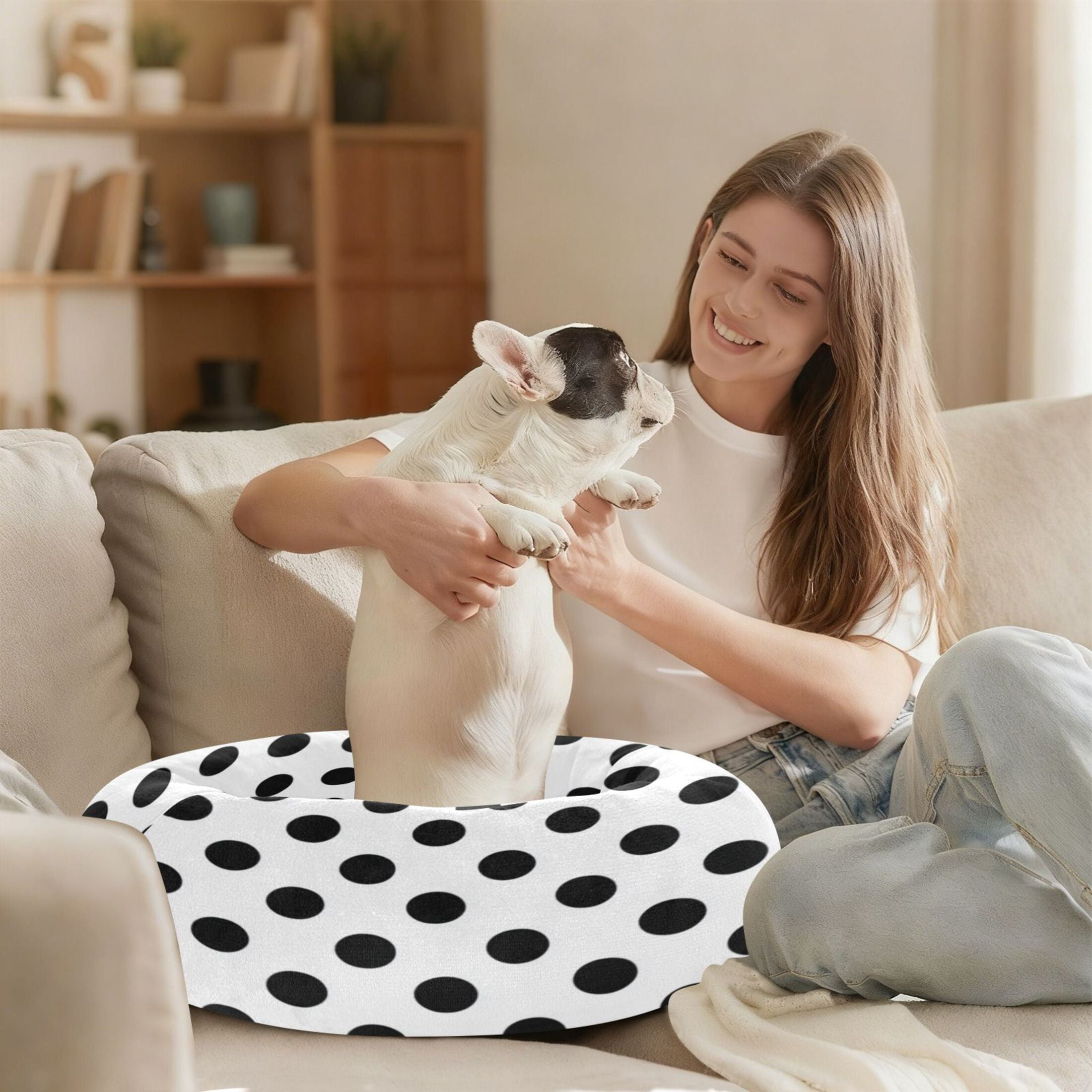 Iauyy Pet Couch Donut Cat Bed for Indoor Cats/Small Dogs Washable & Machine with Non-slip Bottom Calming Cat Furniture, Black and White Dot (XS)