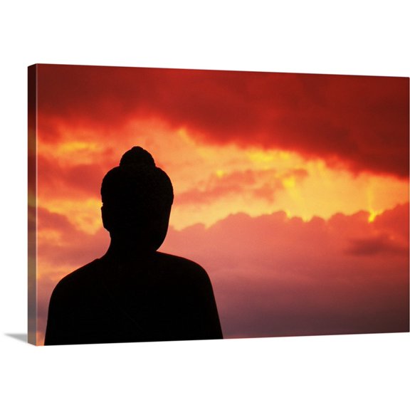 Great BIG Canvas | "Indonesia, Java, Borobudur, Temple Relic, Buddhist Statue At Sunset" Canvas Wall Art - 36x24