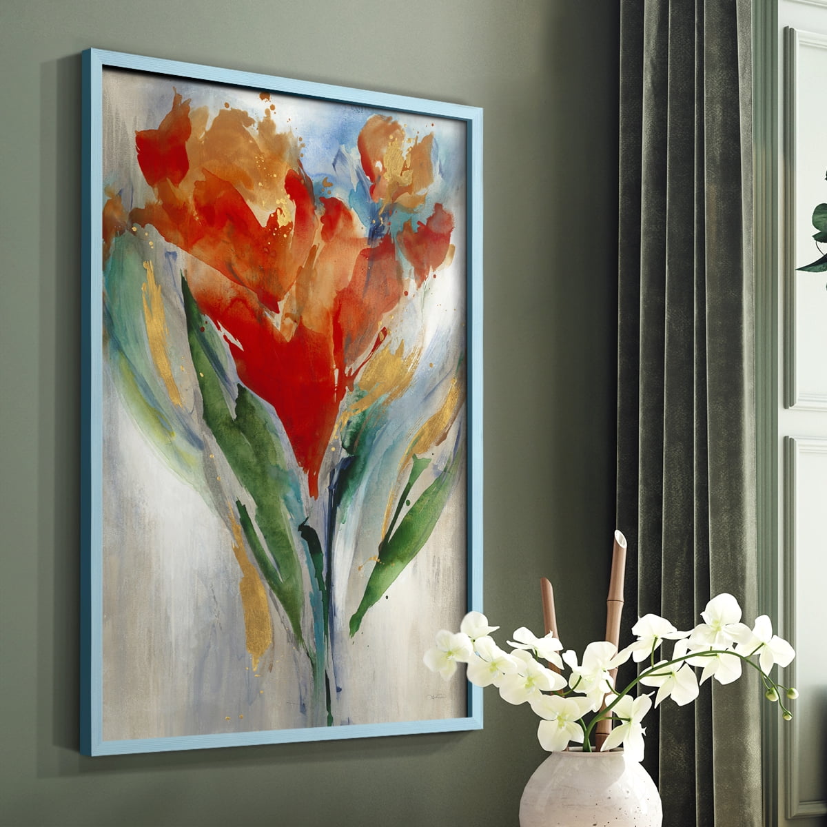 Wild Flower Bouquet Framed Print in Blue Solid Wood 8 x 10 Framed Print