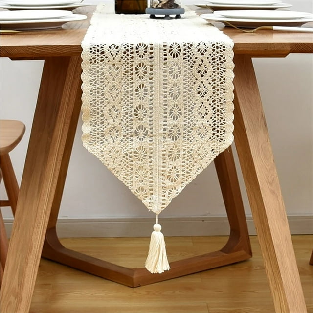 Chemin de Table Beige Noël Crochet Dentelle Coton Mélangé avec Franges pour Décoration de Table Basse Mariage