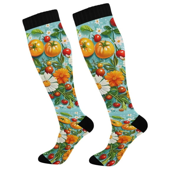 FORMRS Womens Knee High Socks Casual Long Thick Travel Daily Wear, 1 Pair, Pink Floral Tomatoes