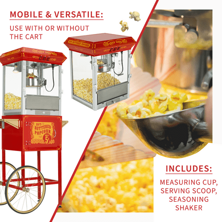 FunTime Carnival 8oz Popcorn Machine with Cart, Red/Gold