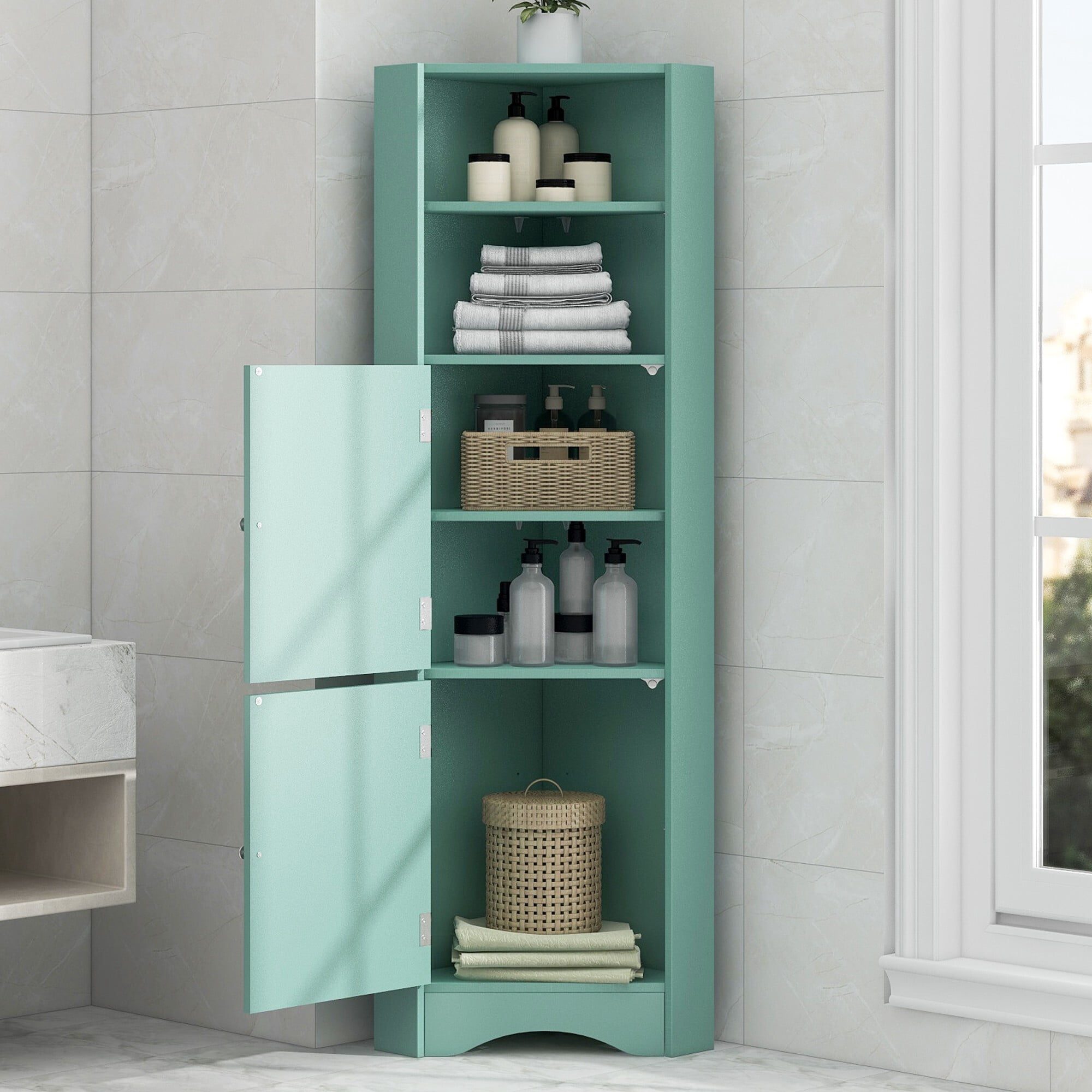 AENKYO Tall Corner Cabinet with Doors & Adjustable Shelves, Elegant Bathroom Storage Cabinet, Green