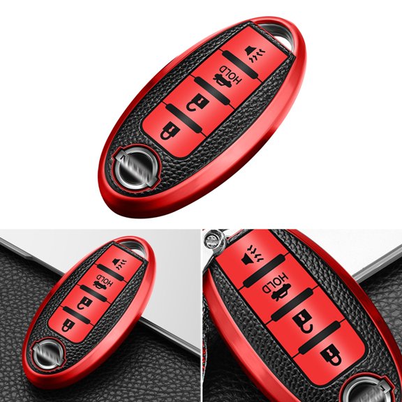 Xotic Tech 1X Red Soft TPU & Leather 4-Buttons Key Fob Case Full Sealed Protection Compatible with Nissan Altima Maxima Sentra Murano Pathfinder Versa Leaf Armada