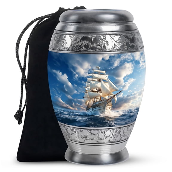 Blue Ship Urns For Human Ashes Adult Men And Women - Large Memorial Urn For Human Ashes Adult Male And Female - Funeral Gift For Decorative - 10Inch And 200Lbs Include Velvet Bag