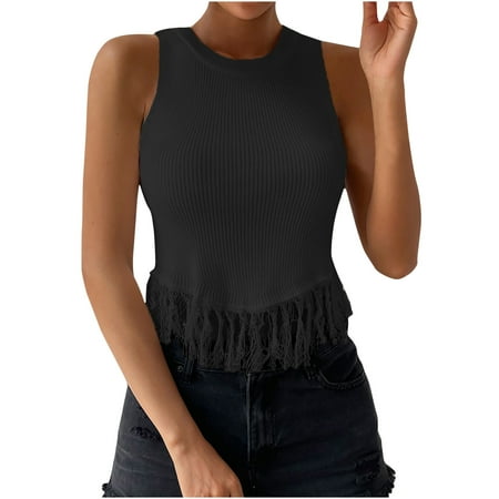 

pbnbp Workout Crop Top Casual Solid Ribbed Tassel Crewneck Sleeveless Tank Basic Stretch Bustier Slim Fitted Workout Crop Cami Tops