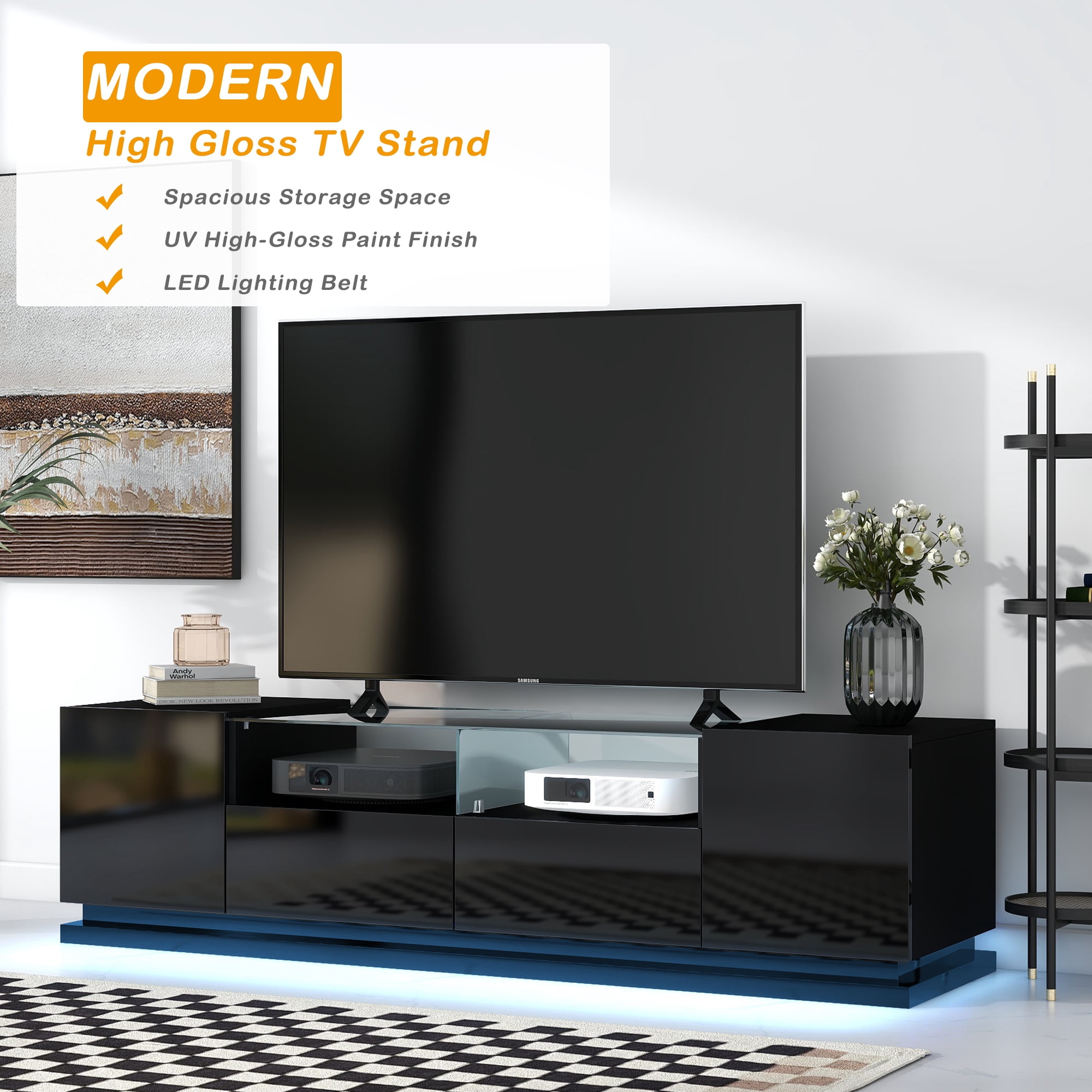 Momspeace Modern High Gloss TV Stand with Tempered Glass Shelf and 16-Color LED Light Strips for TVs up to 70'' -Black