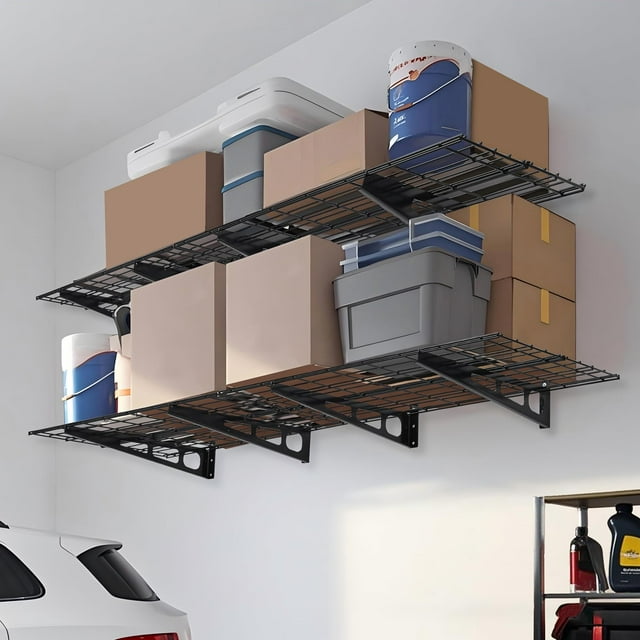 GloryStar 48x12/48x24/72x24 Inch Wall-Mount Iron Garage Shelf, 150 lbs Capacity, Quick-Install Storage Rack with Level