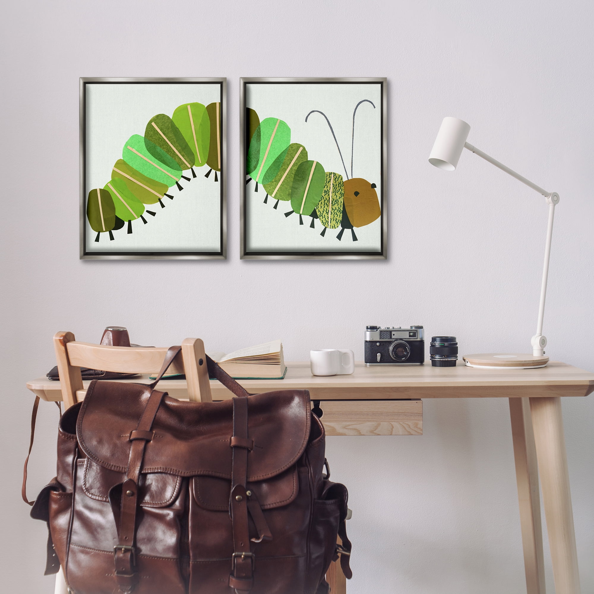 Stupell Industries Cute Cozy Caterpillar Animals Painting Gray Floater Framed Canvas Art Print Wall Art, 17 x 21, Set of 2