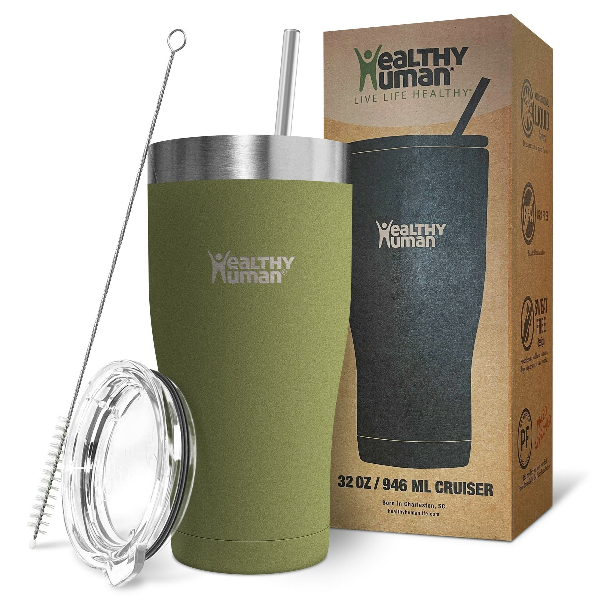 Healthy Human Stainless Steel Tumbler with Straw & Lid | Splash Proof Insulated Travel Cup | Eco-Friendly Coffee Tumblers | Straw Cleaner and Splash Proof Lids (32oz, Olive)