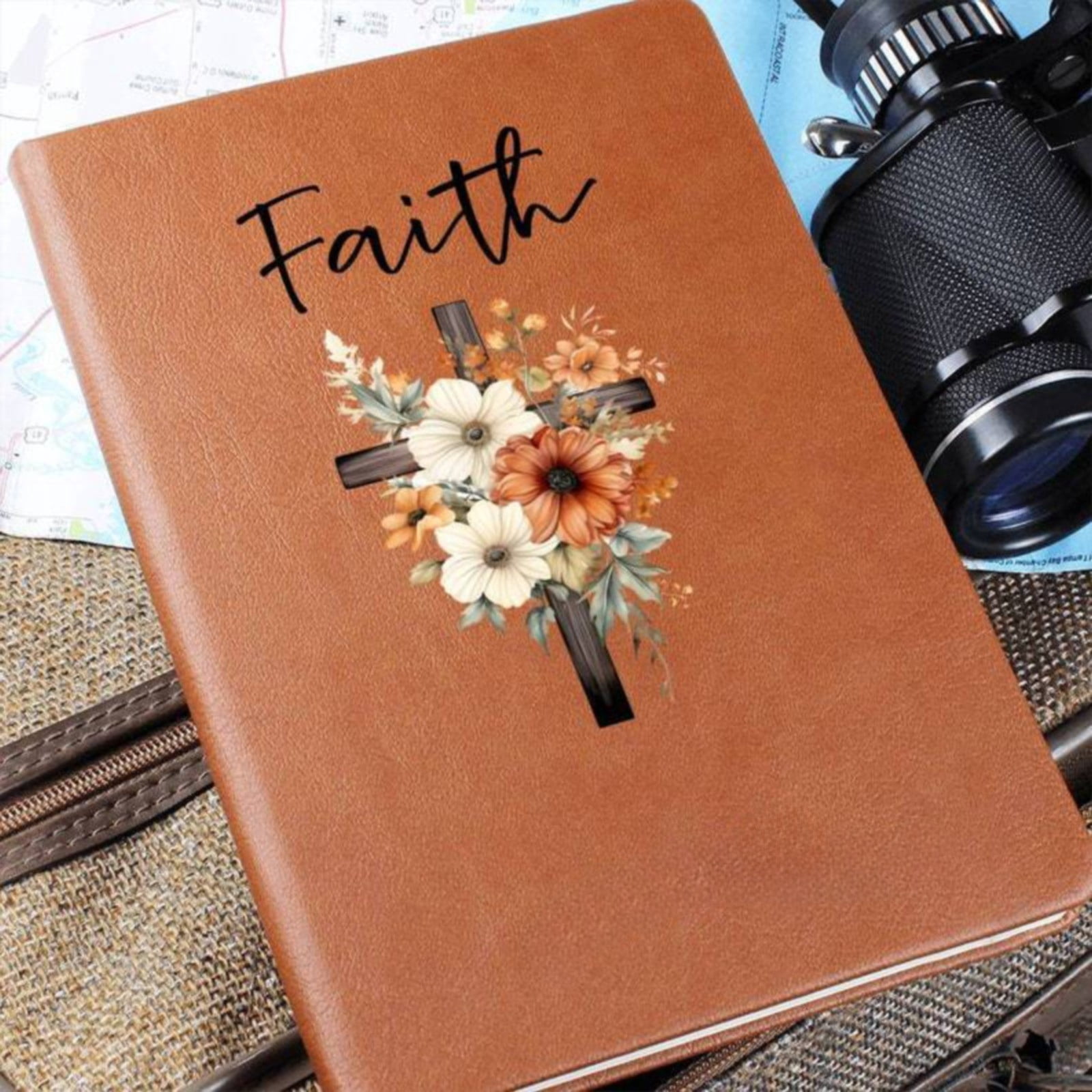 VKLU Faith Prayer Journal for Women, Antique Rustic Leather Notebook with Floral Cross Design, Inspirational Gratitude Diary for Daily Devotion & Bible Study, Boxed Christian Gift
