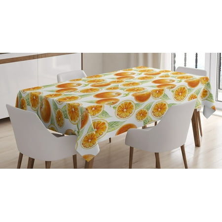 Nature Tablecloth, Orange Fruit Leaves Pattern Watercolors Citrus Eco Juicy Healthy Food Artwork, Rectangular Table Cover for Dining Room Kitchen, 60 X 84 Inches, Orange Pale Green, by