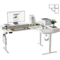 DESINO L Shaped Standing Desk, 63 inch Electric Height Adjustable Home Office Desk with Drawers, Large Ergonomic Computer Desk with Reversible Tabletop, 2 Memory Height Settings, White