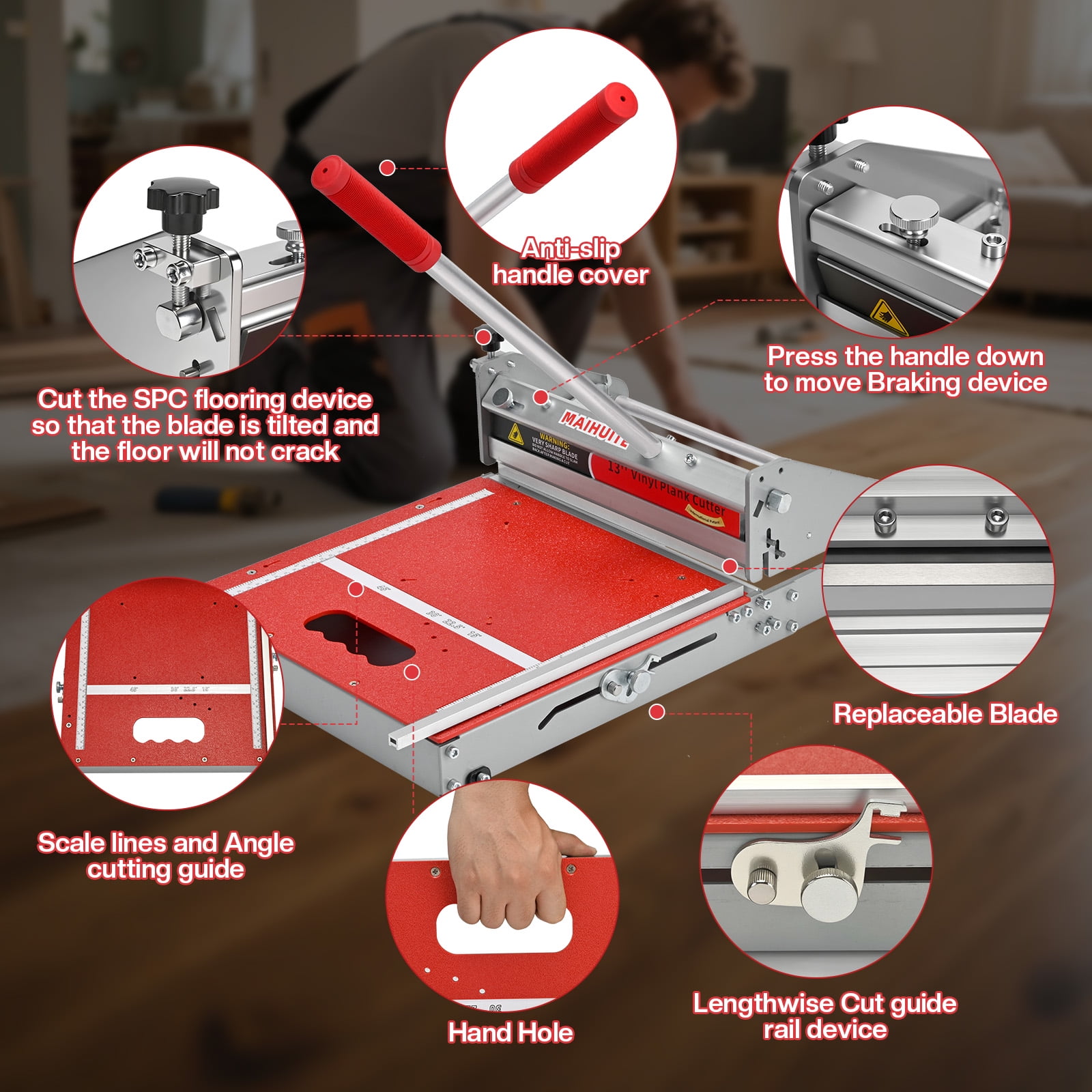10mm Thick Floor Cutter - 13" Pro Vinyl Floor Cutter for LVP, LVT, WPC, SPC, PVC, VCT, Rigid Core Vinyl Flooring - Honing Stone Included -