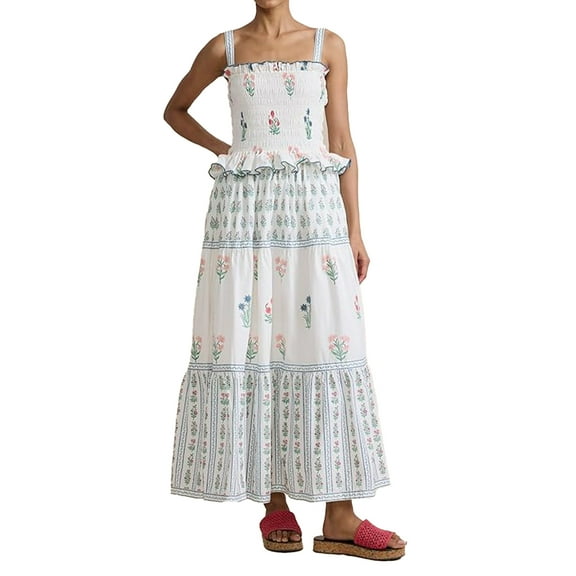 NJWS Women Floral Maxi Dress Sleeveless Smocked Ruffle Flowy Boho Sundress with Pockets Summer Vacation