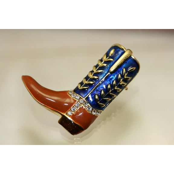 Country Western Cowboy Boot Brooch Gold Tone & Blue Enamel Rhinestones Pin