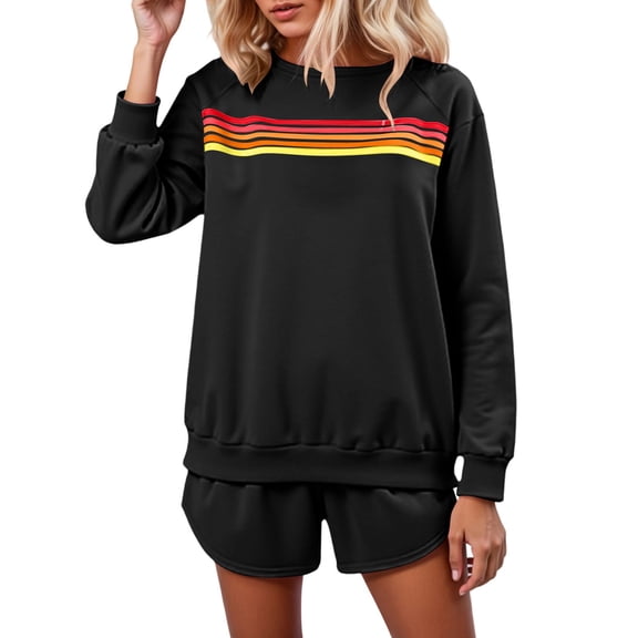 Women's 2 Piece Shorts Sets Fashion Rainbow Stripe Print Long Sleeve Sweatshirts Fall Winter Comfy Casual Loose Vacation Suits