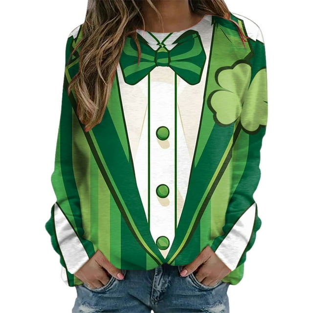 EHQJNJ Chandails en Molleton pour Femmes Sans Capuche T-Shirts pour la Saint-Patrick Col Rond Vert Manches Raglan Pull Ample Élégant Col Rond Graphique