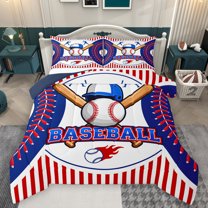 Homewish Kawaii Baseball Lover Queen Comforter Set for Boys, Blue Red Stripes Abstract Bedding Sets, Sports Theme Reversible Bedding Comforter Set, Breathable Home Decor, 3 Pieces