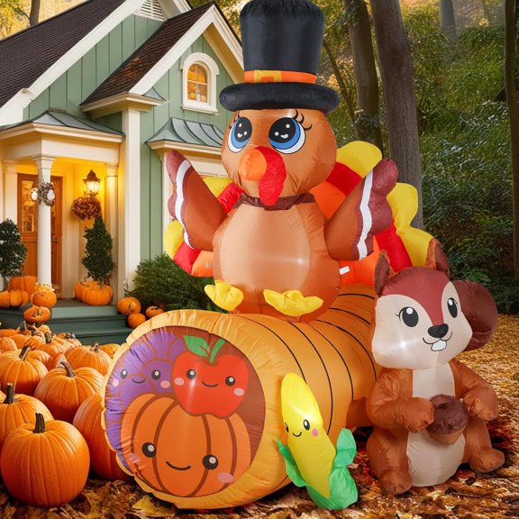 6 FT Thanksgiving Inflatables Outdoor Decorations - Thanksgiving Inflatables Cornucopia with Turkey Squirrel,Blow Up Inflatable with Built-in LED Lights for Outdoor Garden Lawn Yard Decor