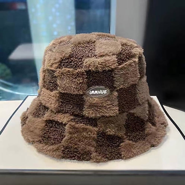 New Trendy Faux Fur Checkered Bucket Hat Checkered Plaid Warm Faux Fur Winter Bucket Hat Fuzzy Soft  main image 2