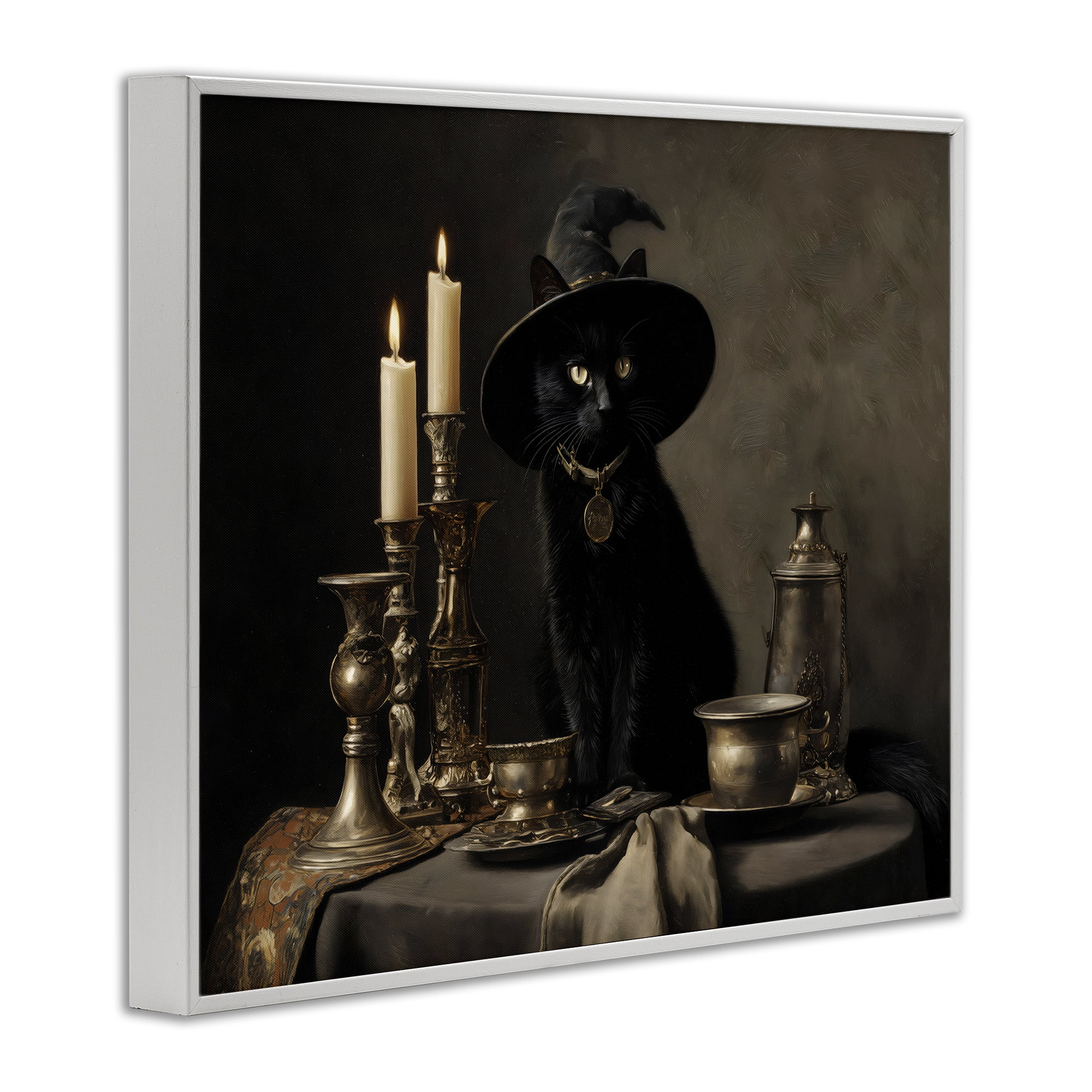 Vintage Witchy Black Cat White Framed Giclee Art, design by Arlington Prints
