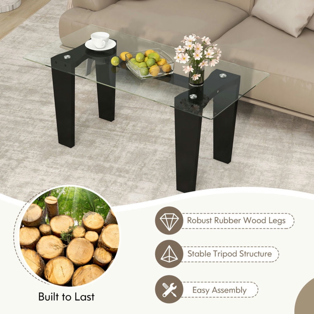 Finihen Coffee Table, Glass Coffee Table, 39.5 Inch Glass Coffee Table, Modern Rectangular Center Table with Solid Rubber Wood Legs, for Living Room, Reception Room, Black Finihen Coffee Table, Glass Coffee Table, 39.5 Inch Glass Coffee Table, Modern Rectangular Center Table with Solid Rubber Wood Legs, for Living Room, Reception Room, Black