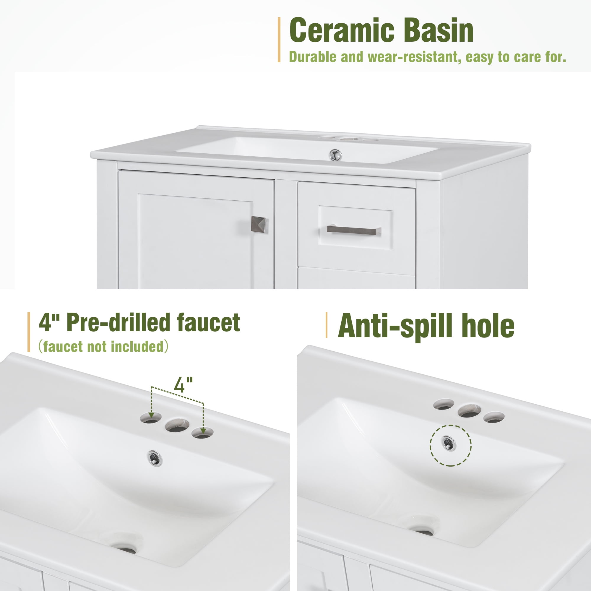 30" Bathroom Vanity Set with Sink, Holaki Modern Bathroom Cabinet with Soft Closing Door and 3 Drawers, Solid Wood Frame Bathroom Storage Cabinet, White