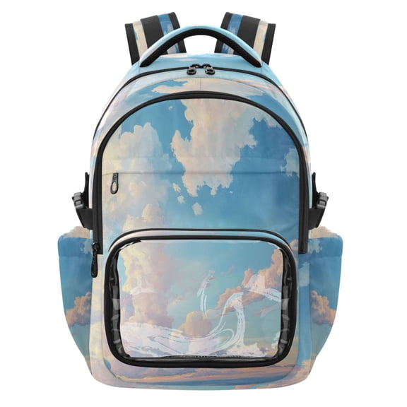 25L PVC Casual Backpack, Waterproof Large Capacity Backpack for Student Commute & Short Trips Pretty Blue White Clouds