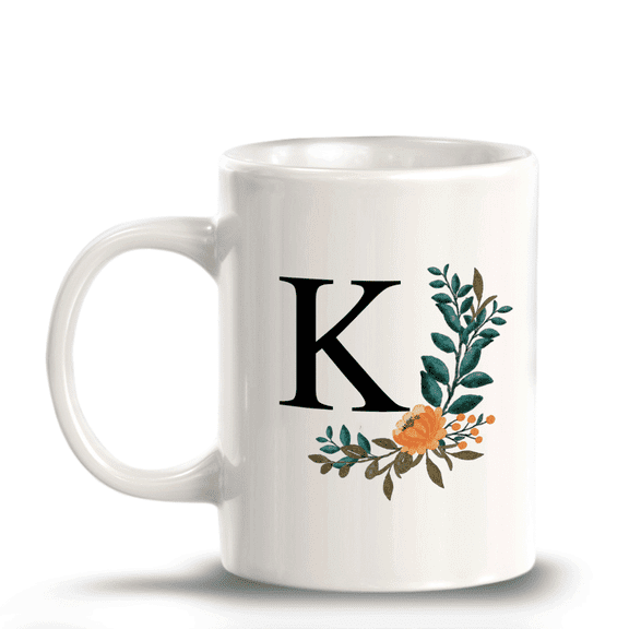 K Floral Pattern 11oz Ceramic Coffee Mug | Initial Personalized Gift