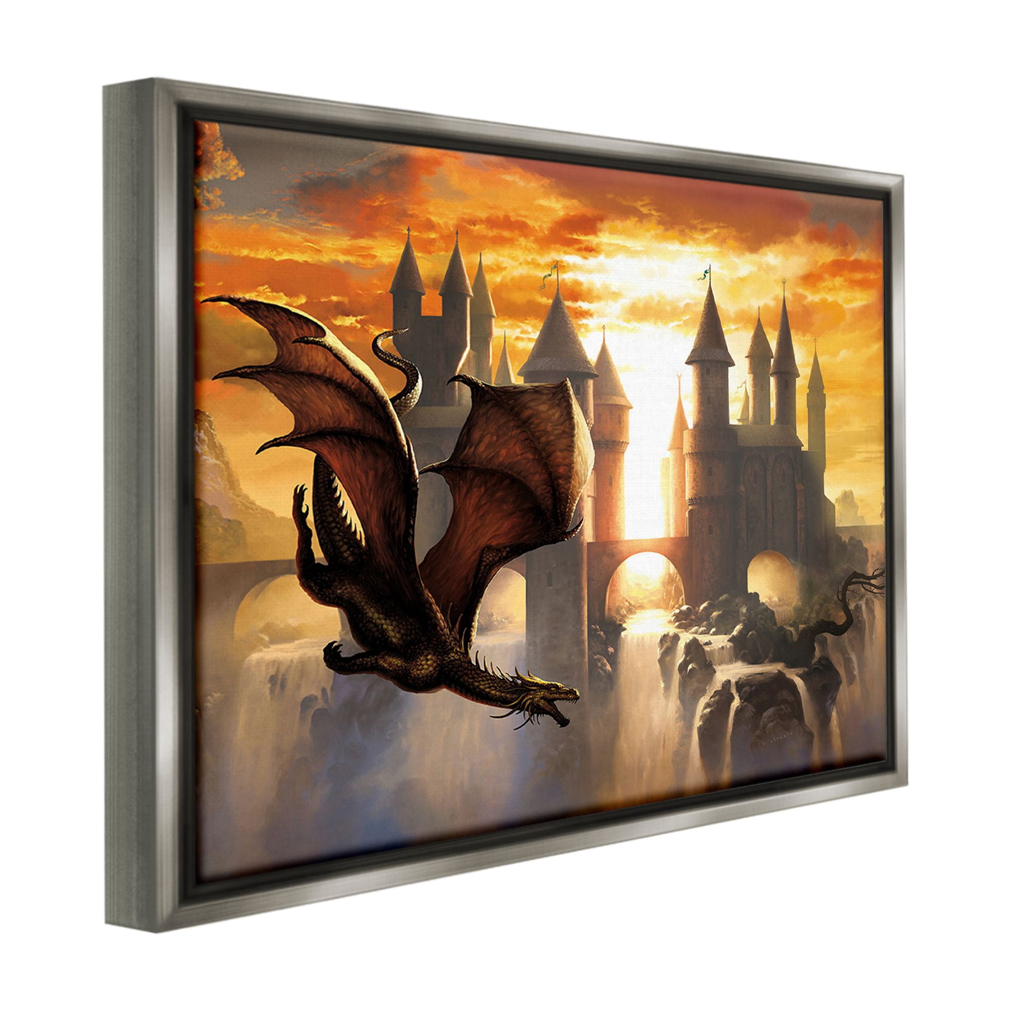 Stupell Industries Dragon & Castle Waterfall Fairy Tales & Fantasy Painting Gray Floater Framed Canvas Art Print Wall Art, 31 x 25
