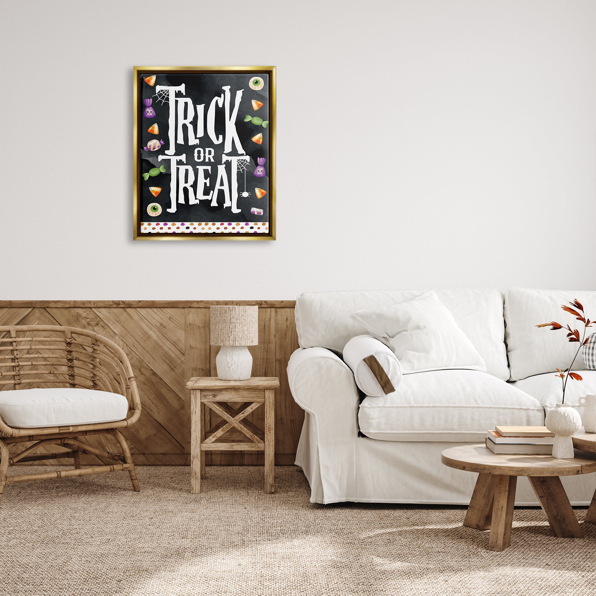 Stupell Industries Trick Or Treat Halloween Candy Holiday Painting Gold Floater Framed Art Print Wall Art