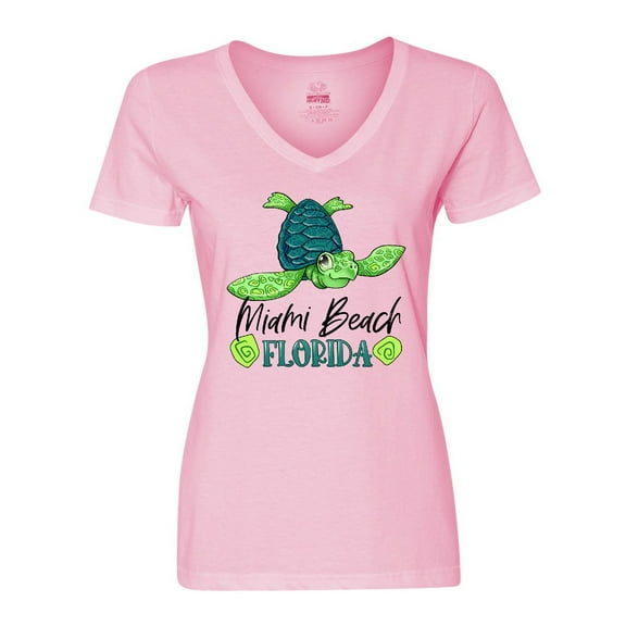 Inktastic Miami Beach, Florida Happy Sea Turtle Women's V-Neck T-Shirt