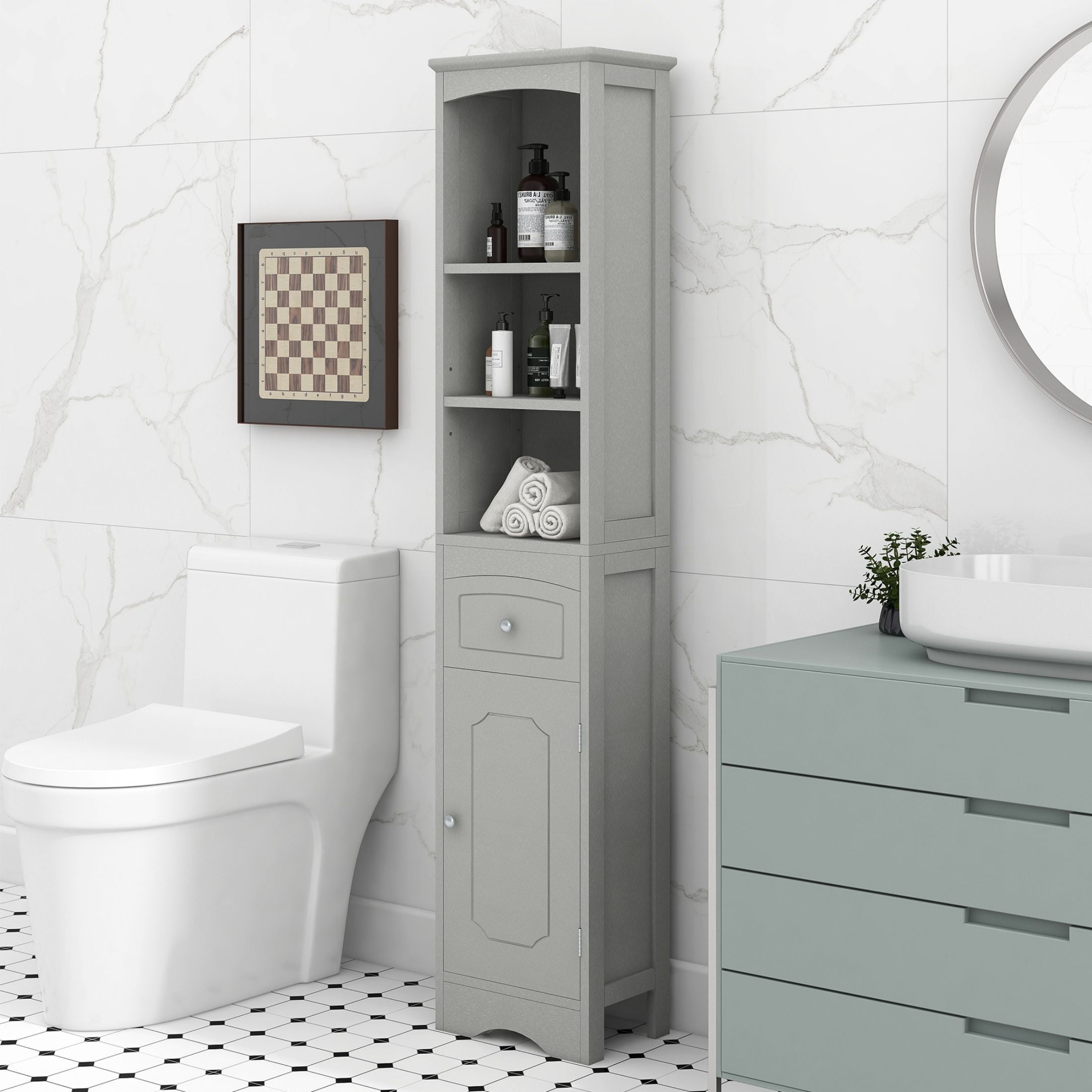 AENKYO Bathroom Cabinet with Adjustable Shelves, High Storage Cabinet with Open Spaces and Drawer, Gray