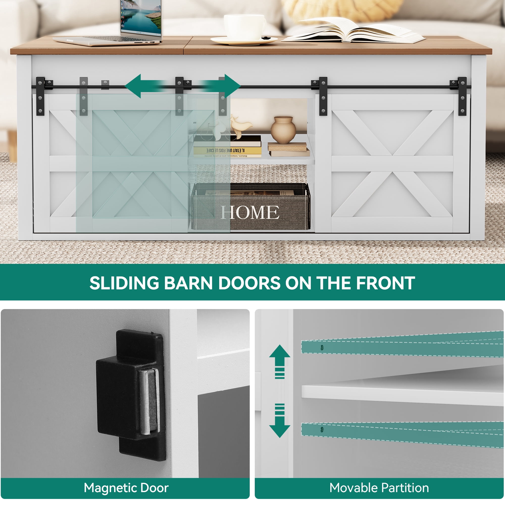 Uforic 48" Farmhouse Lift Top Coffee Table with Sliding Barn Door