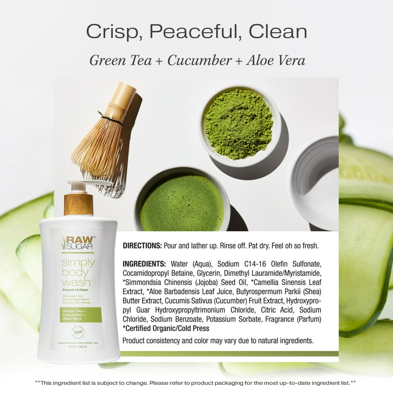 Raw Sugar Simply Body Wash for Sensitive Skin, Green Tea + Cucumber + Aloe  Vera, 40 fl oz