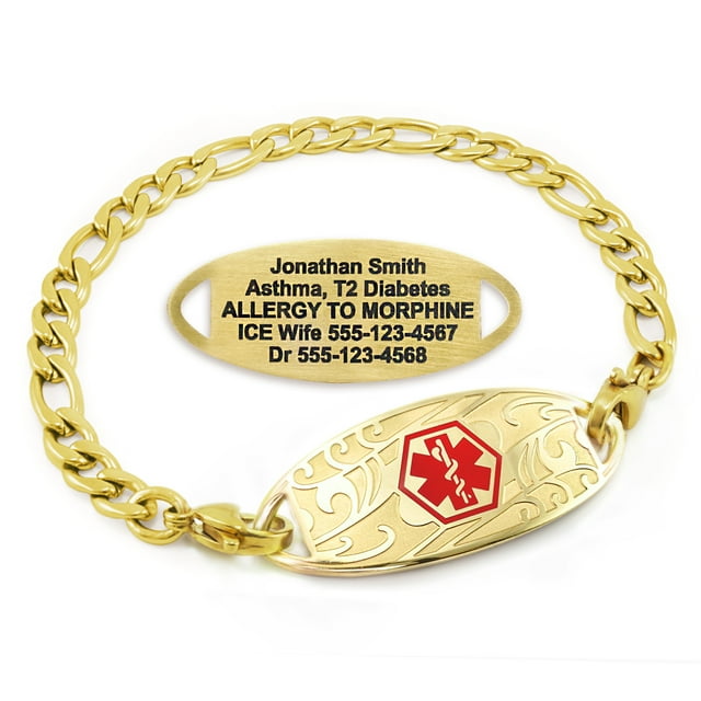MedicEngraved Yellow Gold Stainless Steel Custom Medical Alert Bracelet - 5mm Figaro Link