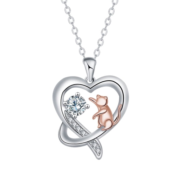 ICTPTOSL Cat Necklace Sterling Silver Cat Birthstone Heart Pendant Necklaces for Women Jewelry Gifts for Women Birthday Gifts for Wife Mom Daughter
