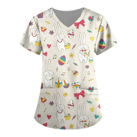 

XHJUN Womens Scrub Tops 2xl Easter Scrub Tops Bunny & Eggs Graph Tee T-Shirt Cute Short Sleeve Working Uniform Tops Workwear 2026 Beige XXXXL
